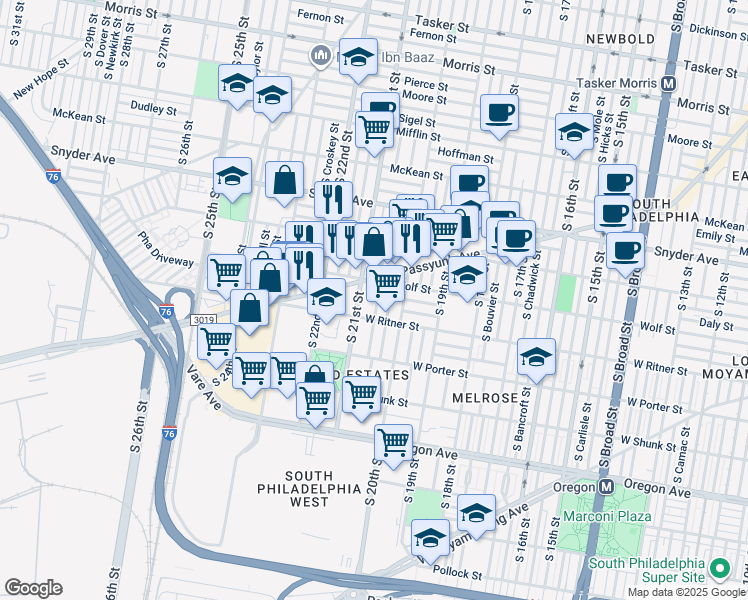 map of restaurants, bars, coffee shops, grocery stores, and more near 2326 South Lambert Street in Philadelphia