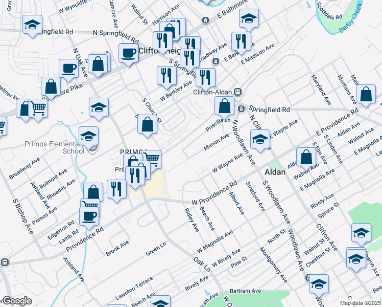 map of restaurants, bars, coffee shops, grocery stores, and more near 261 Merion Avenue in Aldan