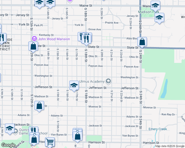 map of restaurants, bars, coffee shops, grocery stores, and more near 1831 Washington Street in Quincy