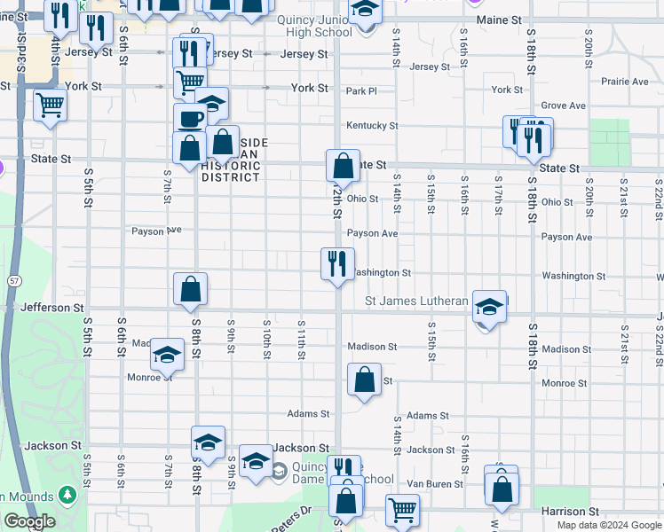 map of restaurants, bars, coffee shops, grocery stores, and more near 1137 Washington Street in Quincy