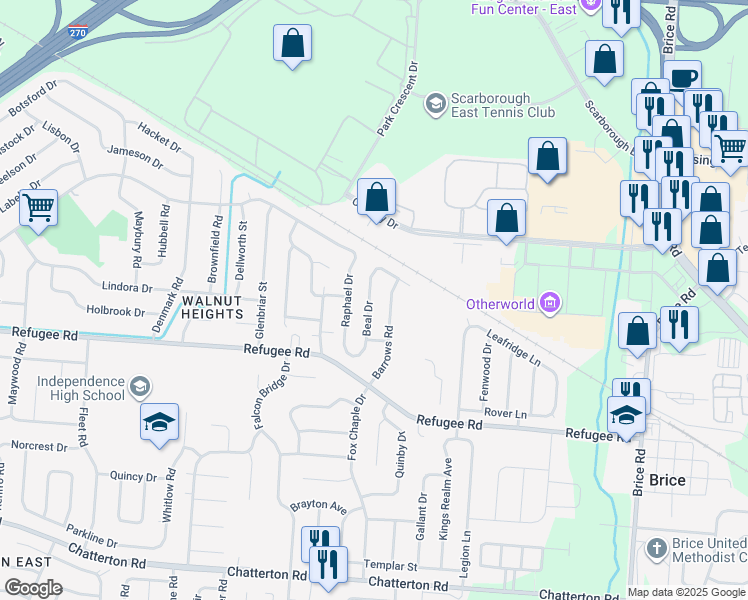 map of restaurants, bars, coffee shops, grocery stores, and more near 2764 Beal Drive in Columbus