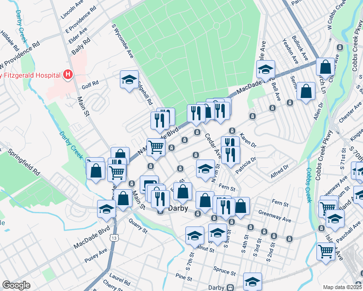 map of restaurants, bars, coffee shops, grocery stores, and more near 224 North 10th Street in Darby