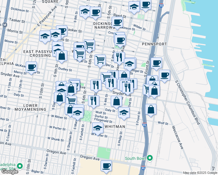 map of restaurants, bars, coffee shops, grocery stores, and more near 2031 South 4th Street in Philadelphia