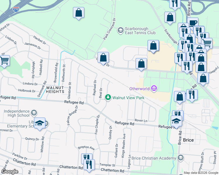 map of restaurants, bars, coffee shops, grocery stores, and more near 2760 Barrows Road in Columbus