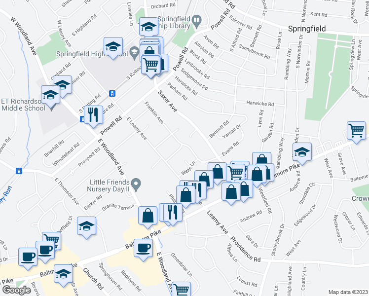 map of restaurants, bars, coffee shops, grocery stores, and more near 653 Evans Road in Springfield