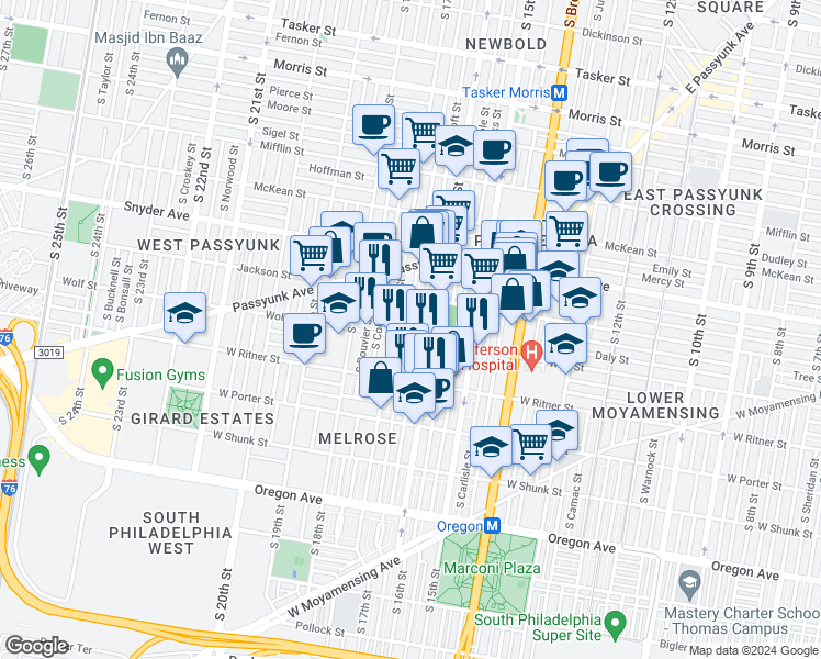 map of restaurants, bars, coffee shops, grocery stores, and more near 2243 South Chadwick Street in Philadelphia