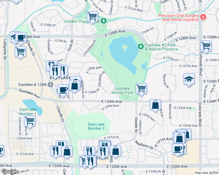 map of restaurants, bars, coffee shops, grocery stores, and more near 2778 East 124th Circle in Thornton