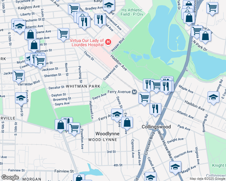 map of restaurants, bars, coffee shops, grocery stores, and more near 1801 Davis Street in Camden