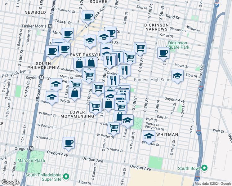 map of restaurants, bars, coffee shops, grocery stores, and more near in Philadelphia