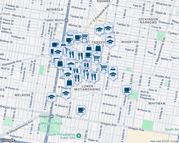 map of restaurants, bars, coffee shops, grocery stores, and more near 1121 Jackson Street in Philadelphia