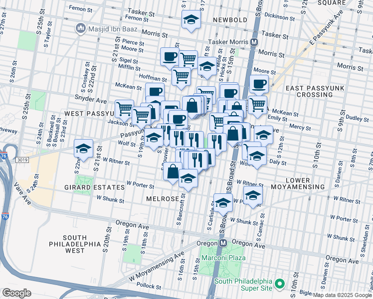 map of restaurants, bars, coffee shops, grocery stores, and more near 2243 South Chadwick Street in Philadelphia