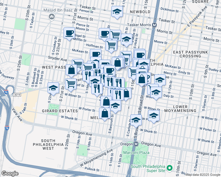 map of restaurants, bars, coffee shops, grocery stores, and more near 1712 Wolf Street in Philadelphia