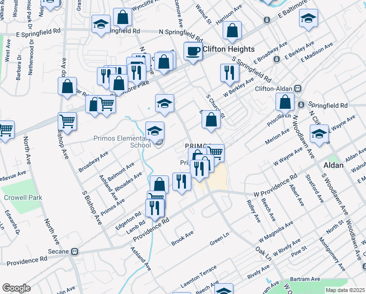 map of restaurants, bars, coffee shops, grocery stores, and more near 801 Christopher Place in Delaware County