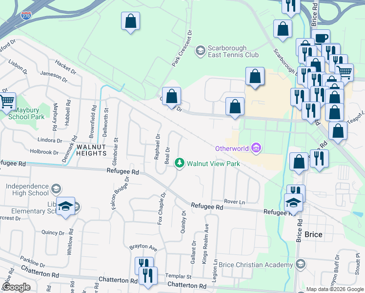 map of restaurants, bars, coffee shops, grocery stores, and more near 2760 Barrows Road in Columbus