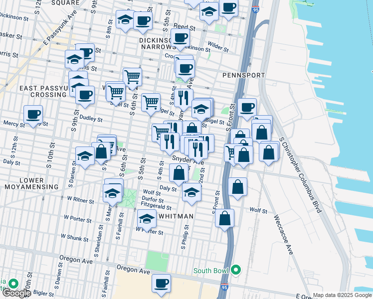 map of restaurants, bars, coffee shops, grocery stores, and more near in Philadelphia
