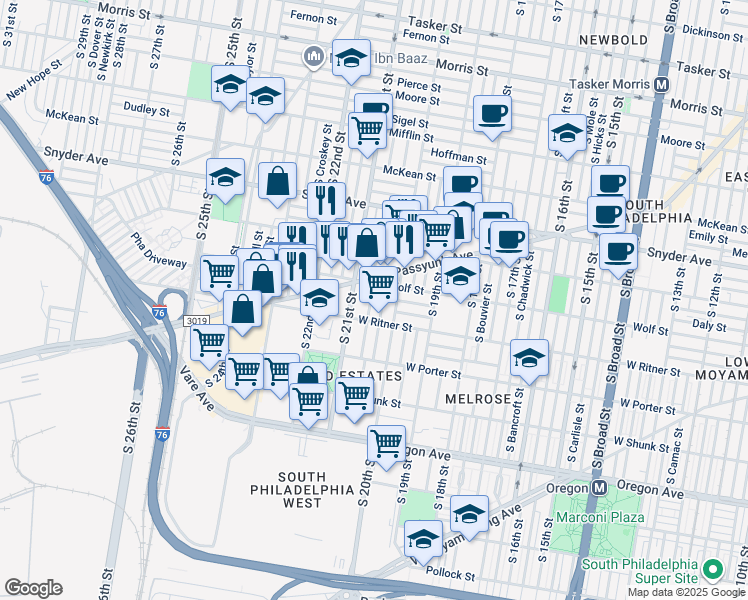 map of restaurants, bars, coffee shops, grocery stores, and more near 2323 South Lambert Street in Philadelphia