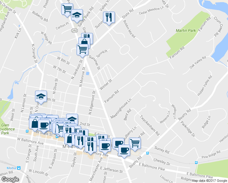 map of restaurants, bars, coffee shops, grocery stores, and more near 340 Farnum Road in Media