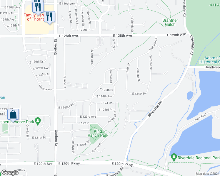 map of restaurants, bars, coffee shops, grocery stores, and more near 7909 East 125th Drive in Thornton