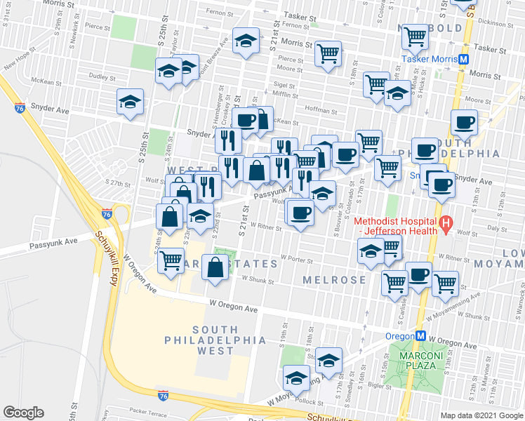 map of restaurants, bars, coffee shops, grocery stores, and more near 2323 South Lambert Street in Philadelphia