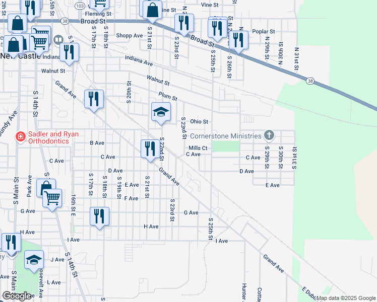 map of restaurants, bars, coffee shops, grocery stores, and more near 2310 C Avenue in New Castle