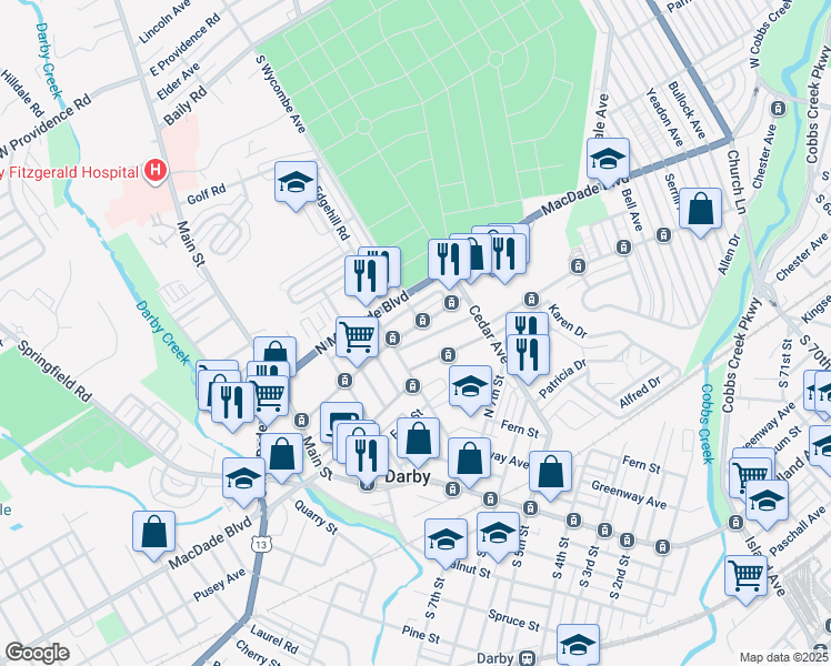 map of restaurants, bars, coffee shops, grocery stores, and more near 224 North 10th Street in Darby