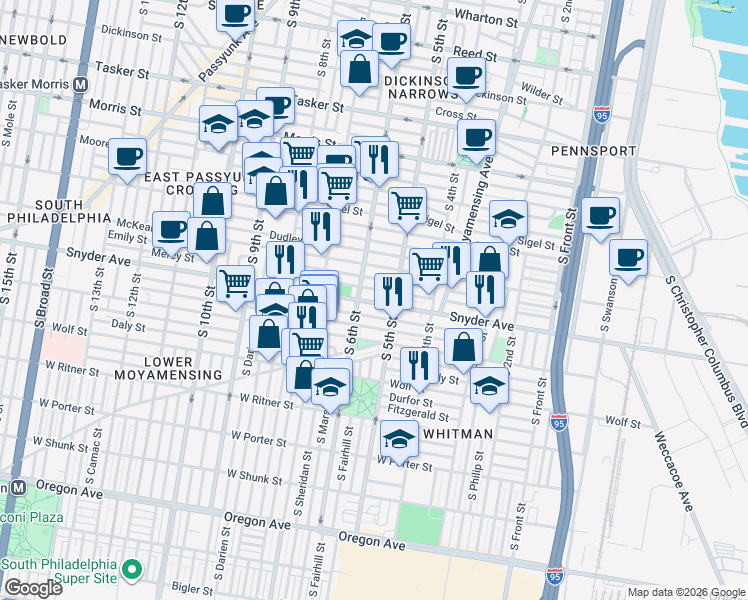 map of restaurants, bars, coffee shops, grocery stores, and more near in Philadelphia