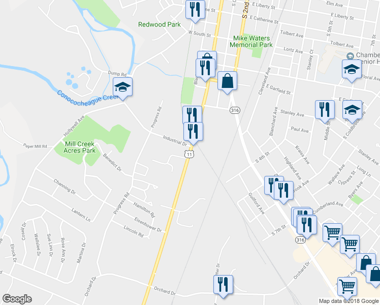 map of restaurants, bars, coffee shops, grocery stores, and more near 960 South Main Street in Chambersburg