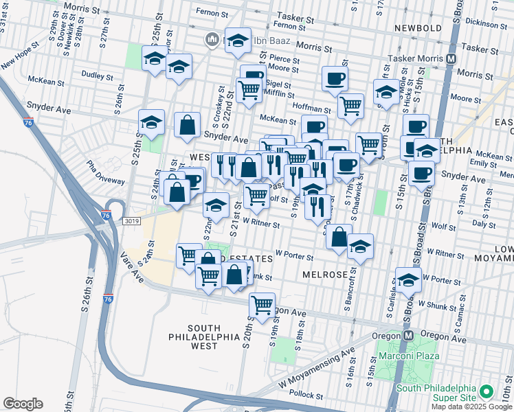 map of restaurants, bars, coffee shops, grocery stores, and more near 2320 South Woodstock Street in Philadelphia