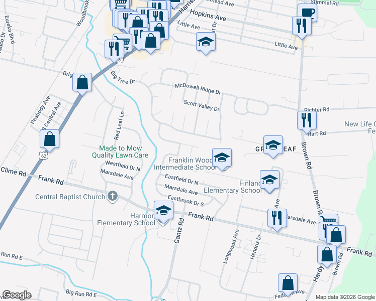 map of restaurants, bars, coffee shops, grocery stores, and more near 1552 Gardeau Court in Columbus
