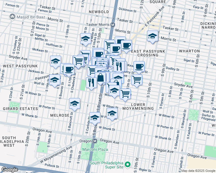 map of restaurants, bars, coffee shops, grocery stores, and more near 2202 South Juniper Street in Philadelphia