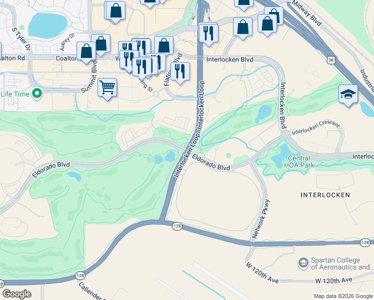 map of restaurants, bars, coffee shops, grocery stores, and more near Eldorado Blvd & Interlocken Loop in Broomfield