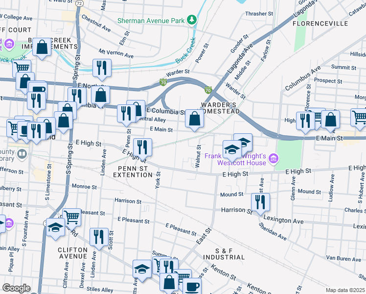 map of restaurants, bars, coffee shops, grocery stores, and more near 30 South Sycamore Street in Springfield
