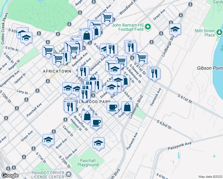 map of restaurants, bars, coffee shops, grocery stores, and more near 6343 Theodore Street in Philadelphia