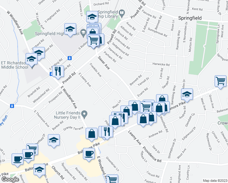 map of restaurants, bars, coffee shops, grocery stores, and more near 653 Evans Road in Springfield
