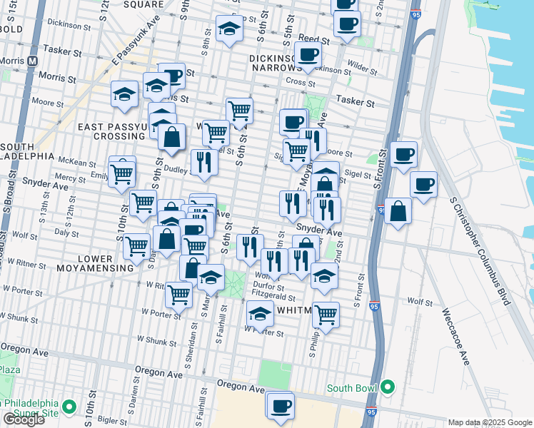 map of restaurants, bars, coffee shops, grocery stores, and more near 436 Mercy Street in Philadelphia