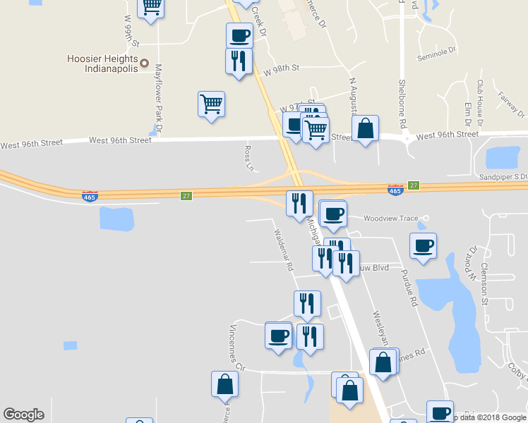 map of restaurants, bars, coffee shops, grocery stores, and more near 4020 West 94th Street in Indianapolis