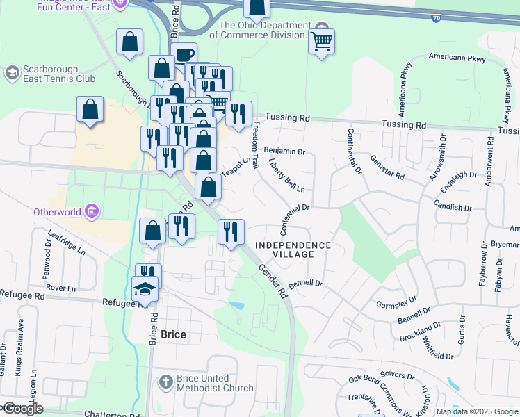 map of restaurants, bars, coffee shops, grocery stores, and more near 2927 United Court in Reynoldsburg