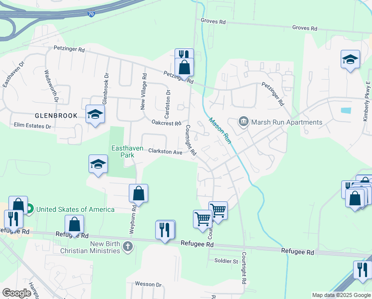map of restaurants, bars, coffee shops, grocery stores, and more near 3491 Clarkston Avenue in Columbus