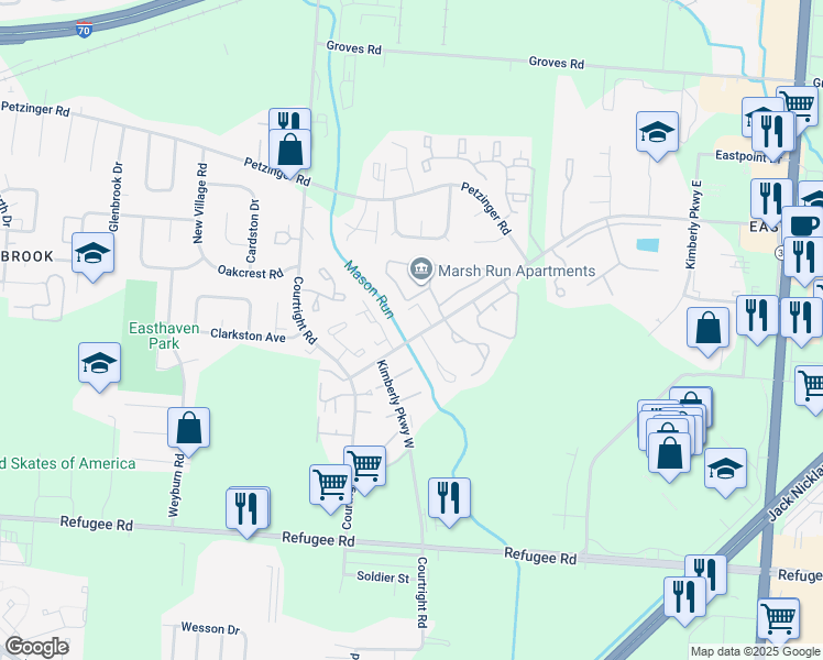 map of restaurants, bars, coffee shops, grocery stores, and more near 3840 Kimberly Parkway North in Columbus