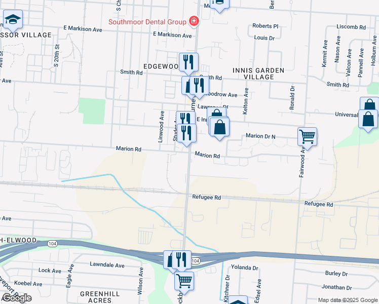 map of restaurants, bars, coffee shops, grocery stores, and more near Lockbourne Rd & Marion Rd in Columbus