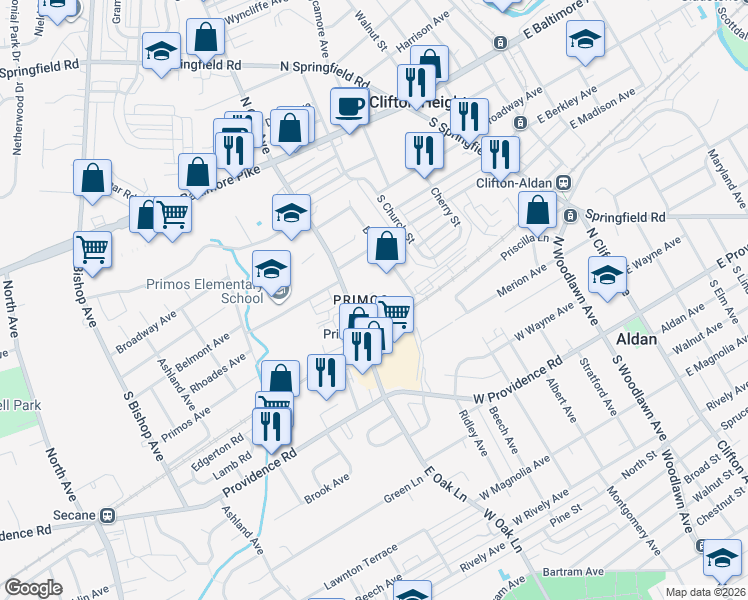 map of restaurants, bars, coffee shops, grocery stores, and more near in Delaware County