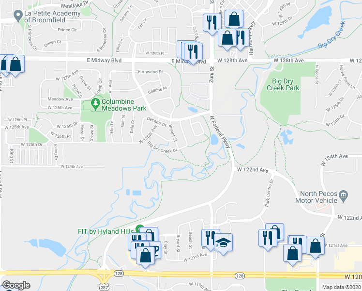 map of restaurants, bars, coffee shops, grocery stores, and more near 12492 Bryant Street in Broomfield