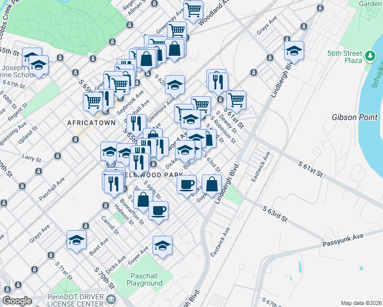 map of restaurants, bars, coffee shops, grocery stores, and more near 6308 Buist Avenue in Philadelphia