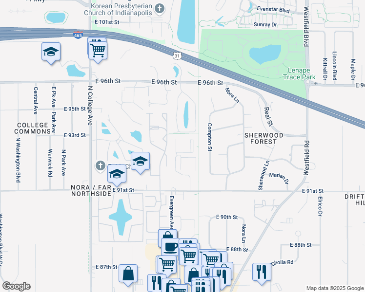 map of restaurants, bars, coffee shops, grocery stores, and more near 9222 Garrison Drive in Indianapolis
