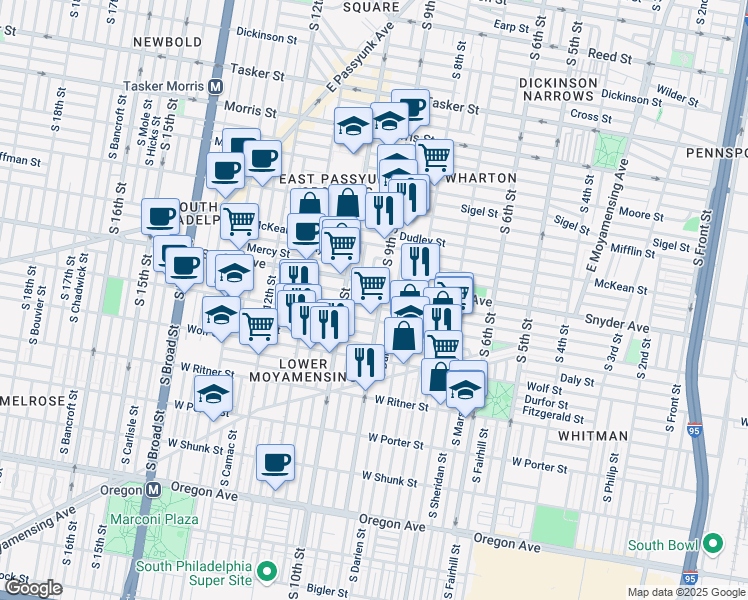 map of restaurants, bars, coffee shops, grocery stores, and more near 906 Cantrell Street in Philadelphia