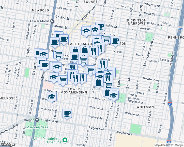 map of restaurants, bars, coffee shops, grocery stores, and more near in Philadelphia