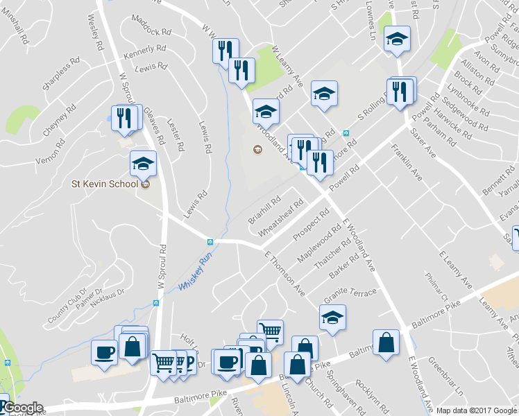 map of restaurants, bars, coffee shops, grocery stores, and more near 476 Briarhill Road in Springfield