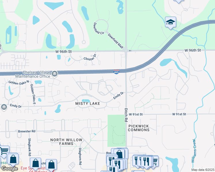 map of restaurants, bars, coffee shops, grocery stores, and more near 9320 Racquetball Drive in Indianapolis