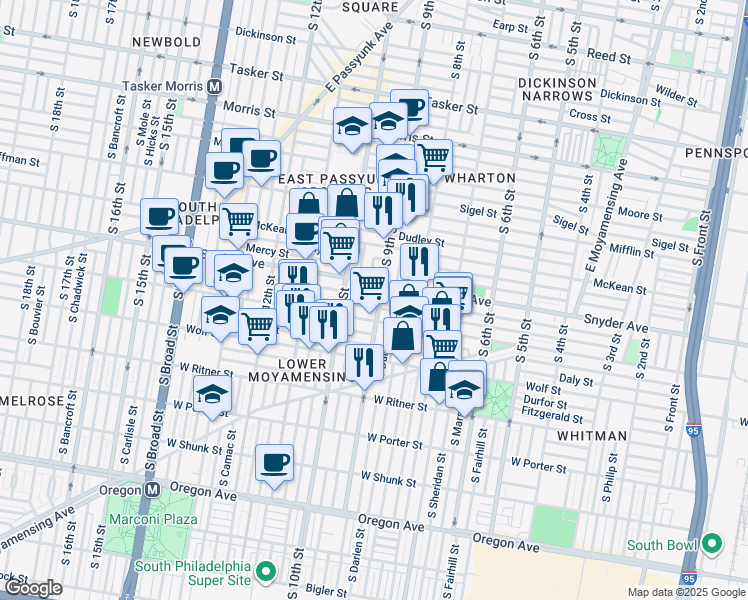 map of restaurants, bars, coffee shops, grocery stores, and more near 906 Cantrell Street in Philadelphia