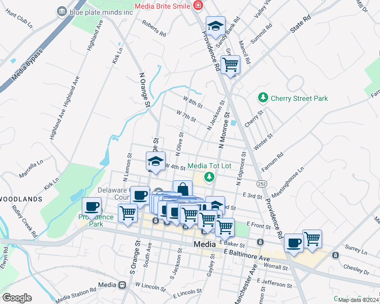 map of restaurants, bars, coffee shops, grocery stores, and more near 15 West 5th Street in Media